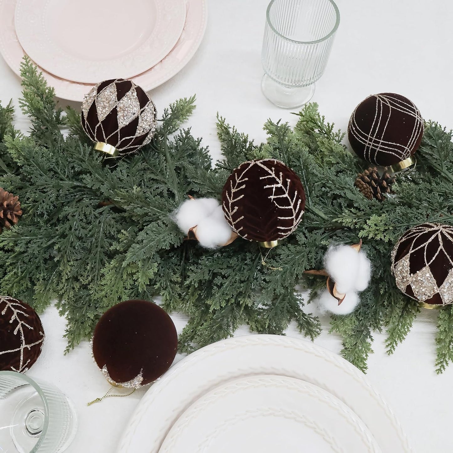 4inch Velvet Ornaments for Christmas Tree, 9PCS Glitter Flocked Christmas Ornaments Decorations Balls Set Decor Brown