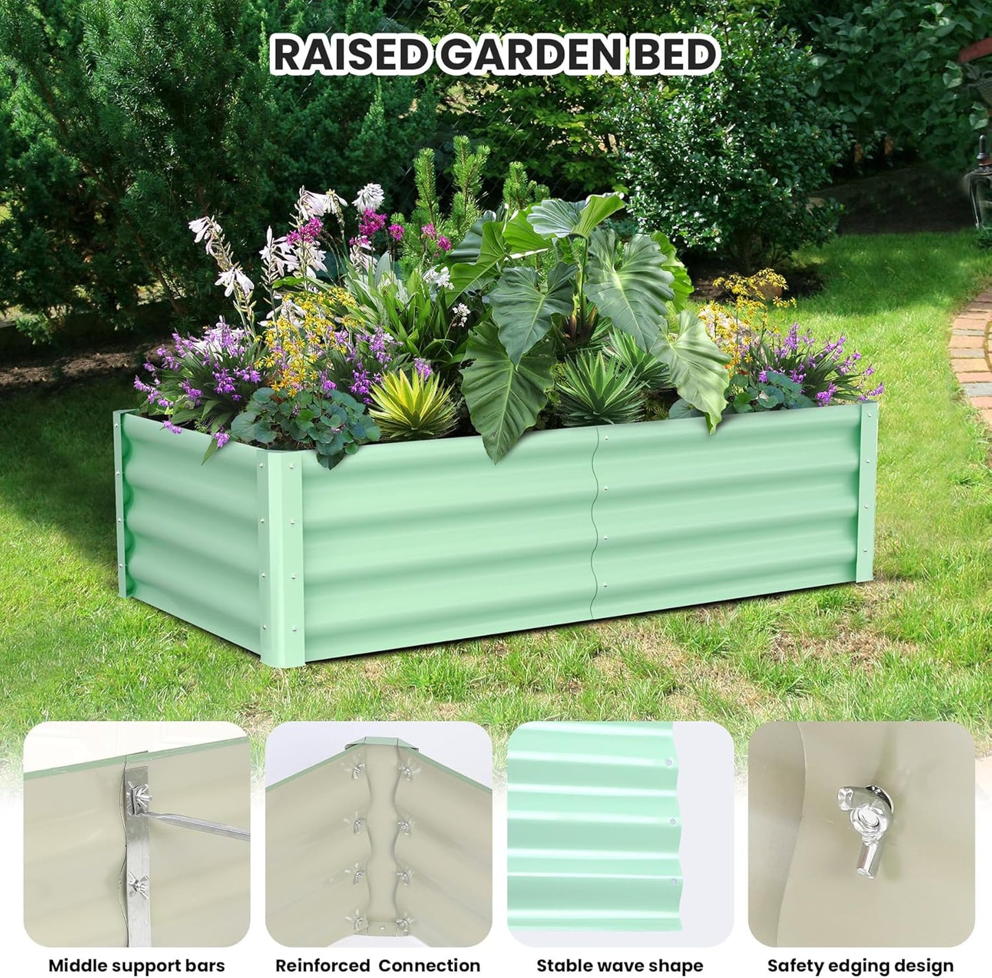 Galvanized Raised Garden Bed Outdoor, 2 Pcs 6x3x1FT Outdoor Large Planter Raised Beds Open Base with Safety Edge and Glove for Vegetables Flowers Ground Planter, Green