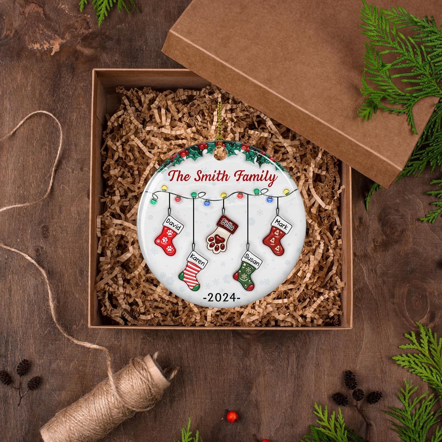 Stocking Personalized Family Christmas Ceramic Ornament 2025-3D Inflated Effect Custom Name Hanging Stock up to 10 Members, First Xmas as A Family Ornament Gifts (A04, 3 Names)