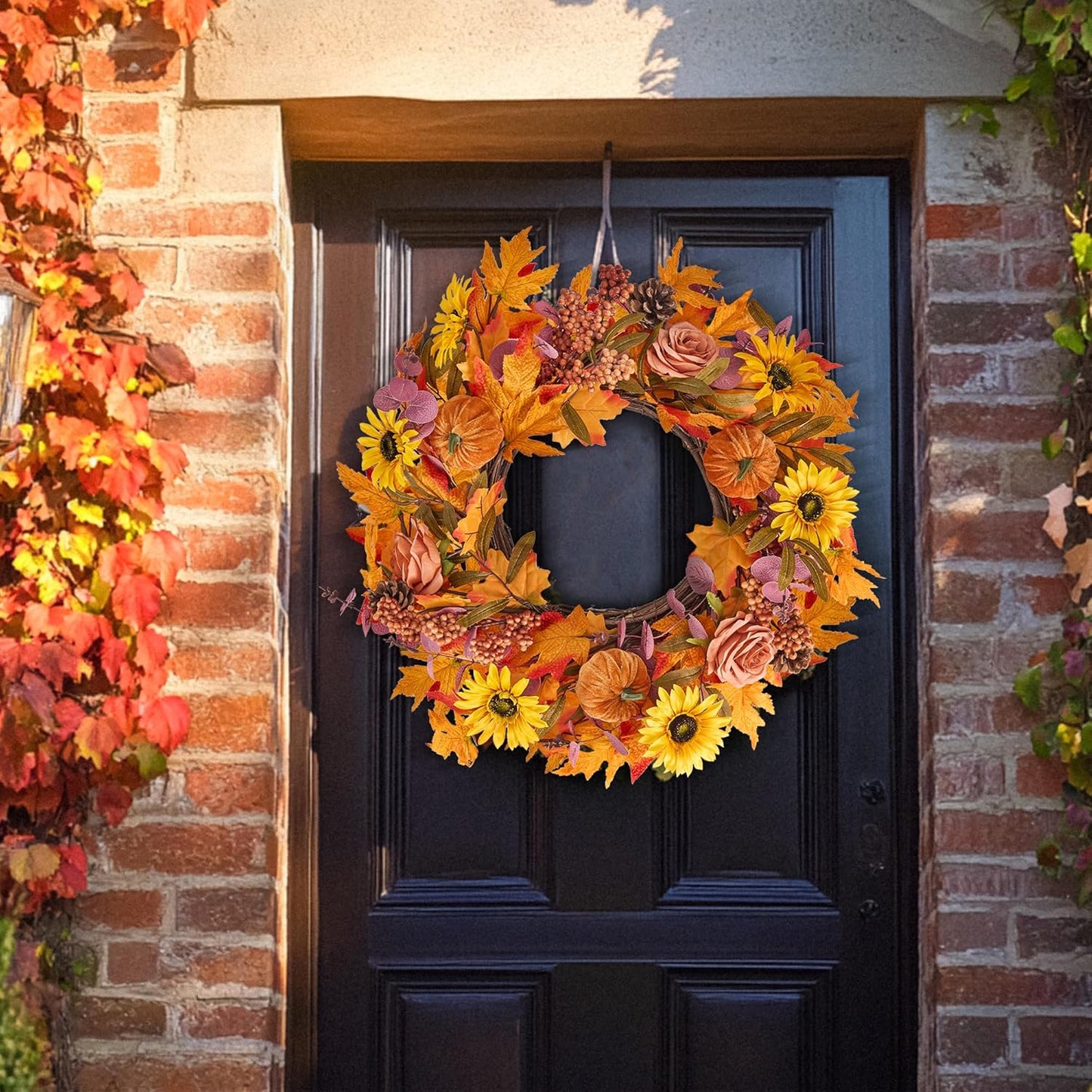 GENMOUS 24Inch Fall Wreaths for Front Door, Autumn Velvet Pumpkin Wreath Autumn Maple Leaves Porch Decor, Farmhouse Wreaths Home Wall Outdoor Indoor Thanksgiving Halloween Harvest Festival Fall Decor