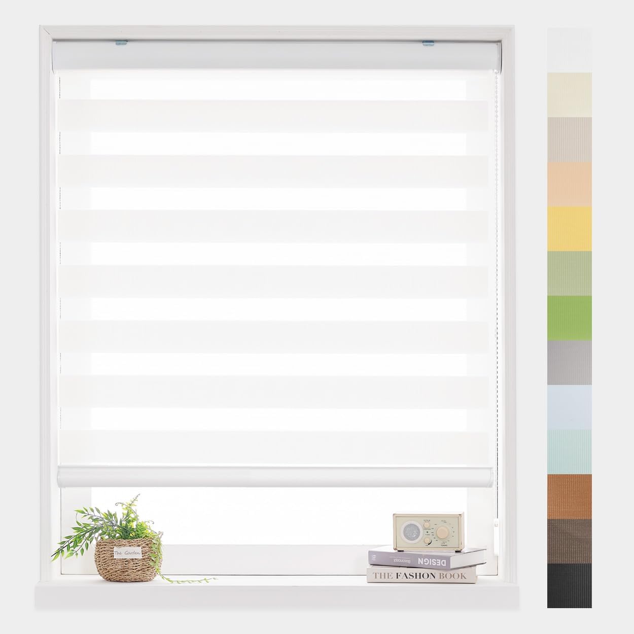 Foiresoft Standard Zebra Roller Blinds for Windows [W42 x H64 Inch, White, Basic], Light Filtering Dual Layer Shades for Bedroom, Living Room, Office, 13 Colors