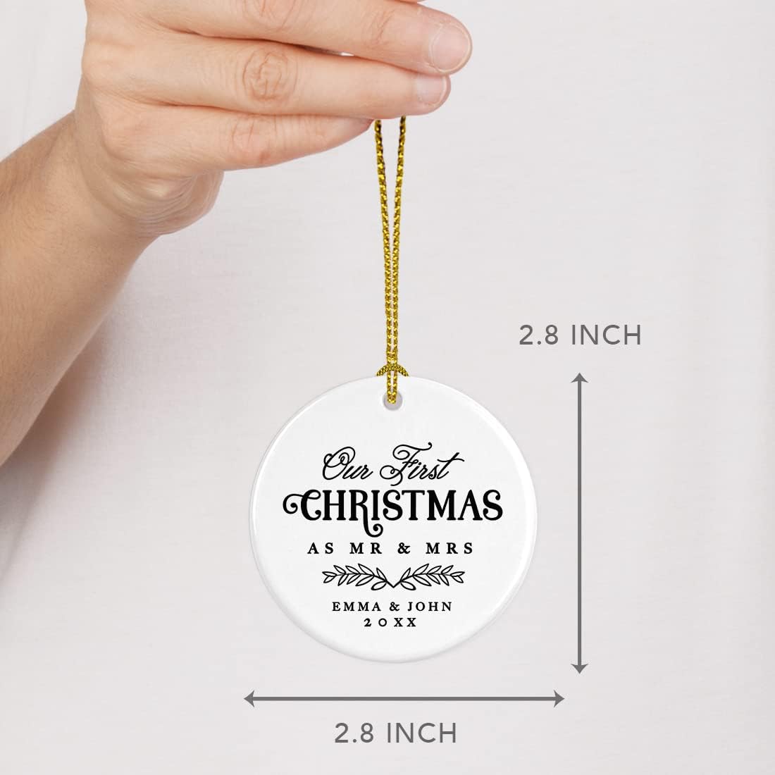 Andaz Press Personalized Our First Christmas As Mr. & Mrs. 2024 Christmas Ornaments Laurel Wreath Leaves 2.8" Round Porcelain Ceramic 1st Year Married Custom Ornament Keepsake for Newlyweds 1-Pack