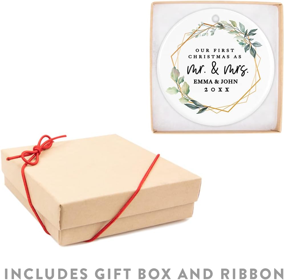 Andaz Press Personalized Our First Christmas As Mr. & Mrs. 2025 Christmas Ornaments Geometric Greenery 2.8" Round Porcelain Ceramic 1st Year Married Custom Ornament for Newlyweds Keepsake 1-Pack