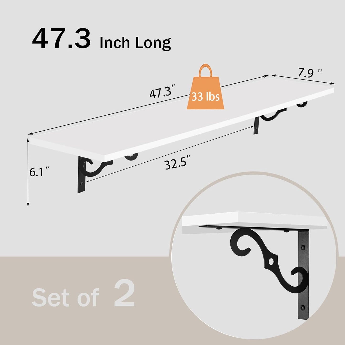 DINZI LVJ Long Wall Shelves, 47.3 Inch Large Floating Shelves Set of 2, Wide Display Shelf Wall Mounted with Brackets, Easy Hanging for Living Room, Toilet, Office, Bedroom, White