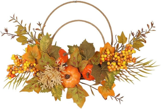 Fall Wreaths for Front Door, Autumn Wreath with Pumpkins, Berries and Leaves for Indoor Outdoor Porch Thanksgiving Farmhouse Harvest Halloween Home Décor (Orange Pumpkin)