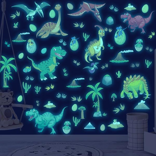 Glow in The Dark Wall Decals - Colorful Large Removable Self-Adhesive Dinosaur Decal for Ceiling, Boys Bedroom, Kids Baby Nursery, Living Room Decoration