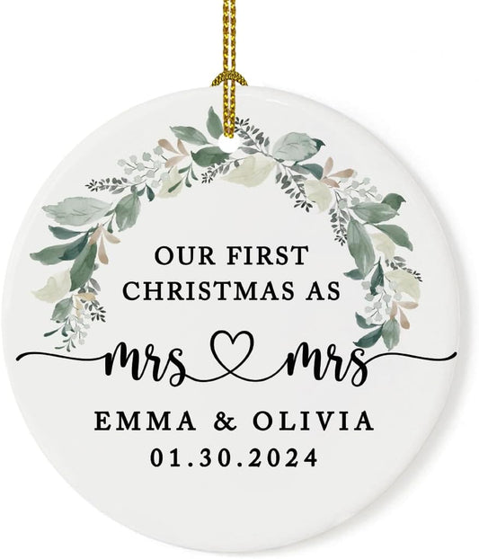 Andaz Press Personalized Our First Christmas As Mrs. & Mrs. Christmas Ornaments 2025 Foliage Wreath 2.8" Round Porcelain Ceramic Lesbian Christmas Ornament Married Couple Gay Women Newlyweds 1-Pack