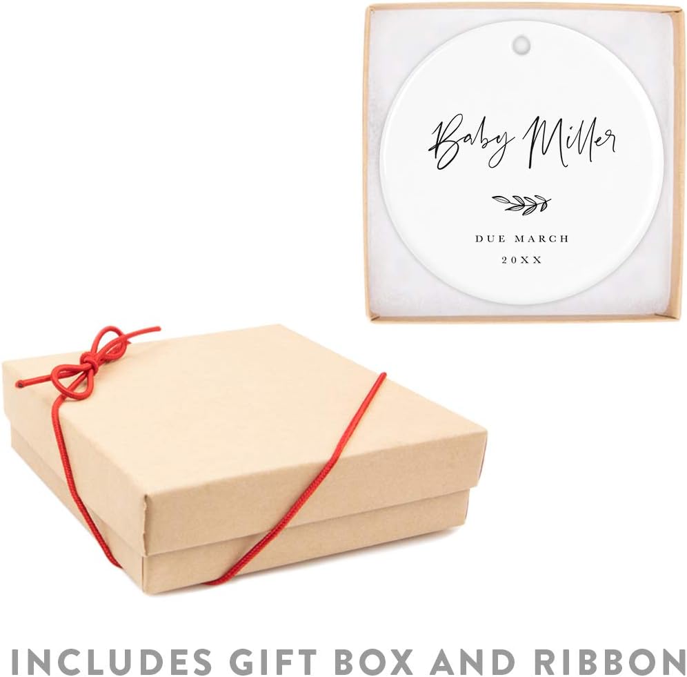 Andaz Press Personalized Round Ceramic Porcelain Christmas Tree Ornament Keepsake Collectible Gift for New Baby, Baby Miller Due March 2024, Antique Handdrawn, 1-Pack