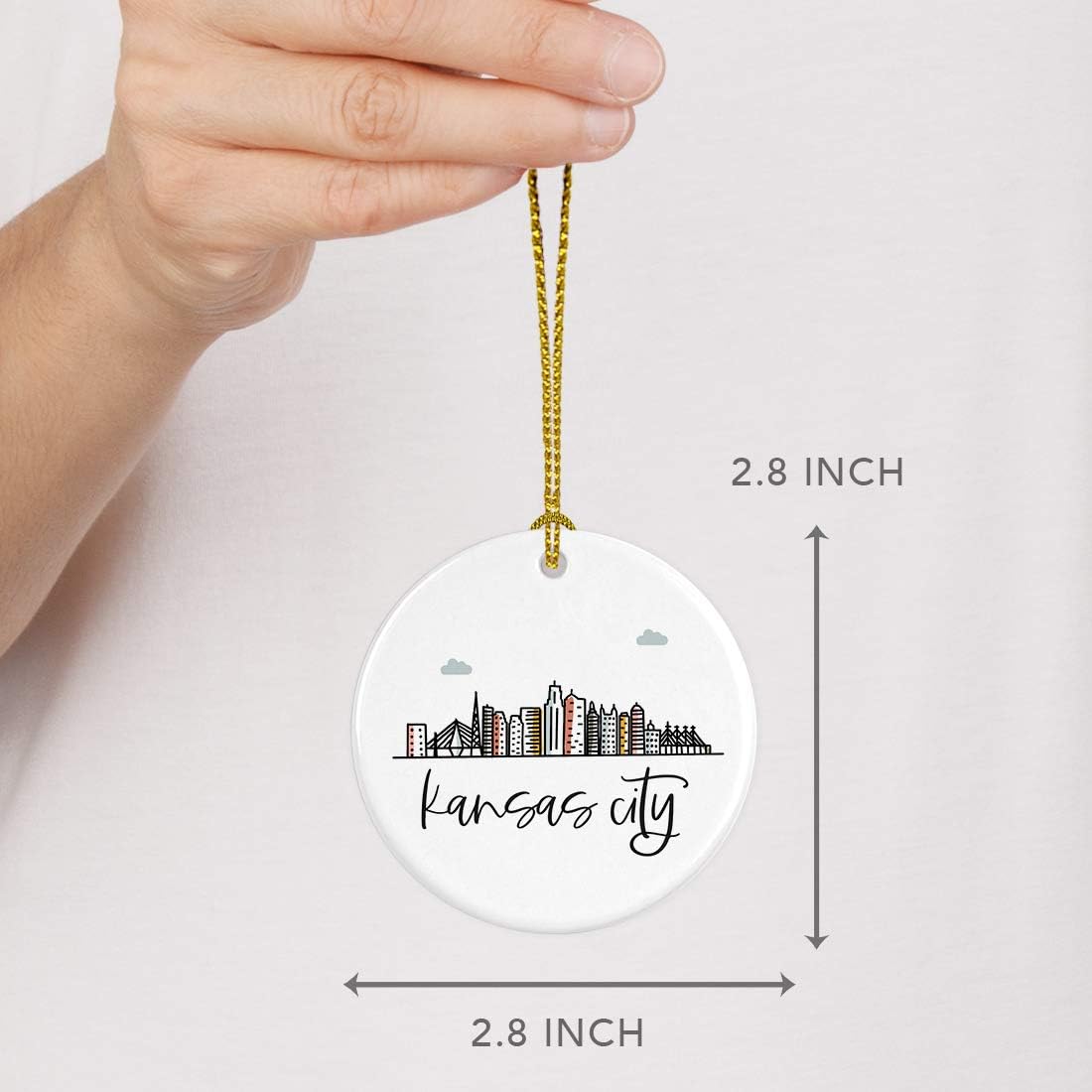 Andaz Press Round Ceramic Porcelain Christmas Tree Ornament, Colorful Kansas City Skyline 1-Pack, Birthday & for Family & Coworkers, Includes Box