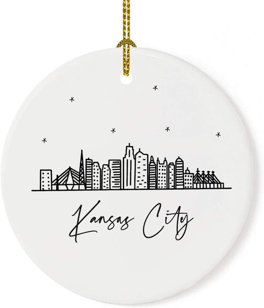 Andaz Press Round Ceramic Porcelain Christmas Tree Ornament, Kansas City Black and White Stars Skyline Graphic, 1-Pack, Birthday Family Coworker Gift, Includes Box