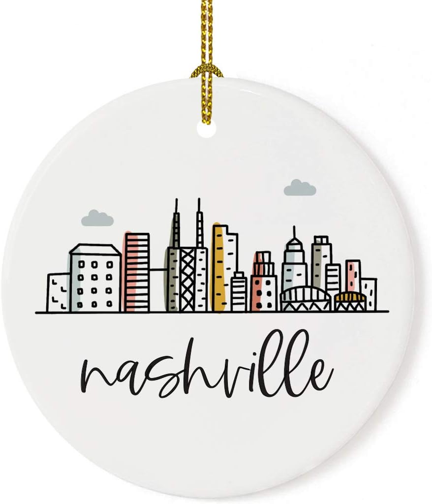 Andaz Press Round Ceramic Porcelain Christmas Tree Ornament Keepsake, Nashville Colorful City Skyline 1-Pack Birthday Ideas Family Coworker Includes Box Ornament