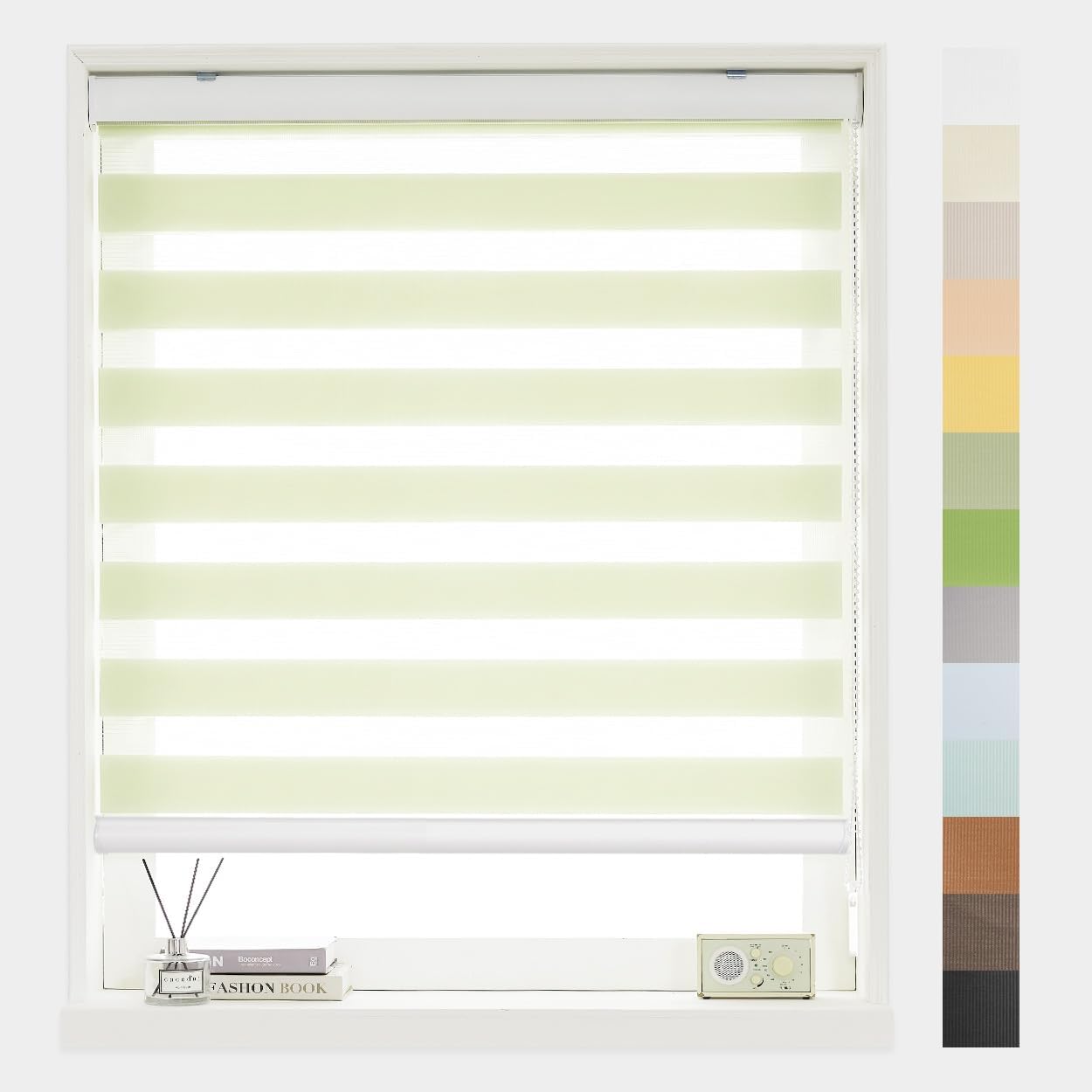 Foiresoft Standard Custom Zebra Roller Blinds for Windows [W10–105 x H10–115 Inch, Pale_Green, Basic], Light Filtering Dual Layer Shades for Bedroom, Living Room, Office, 13 Colors