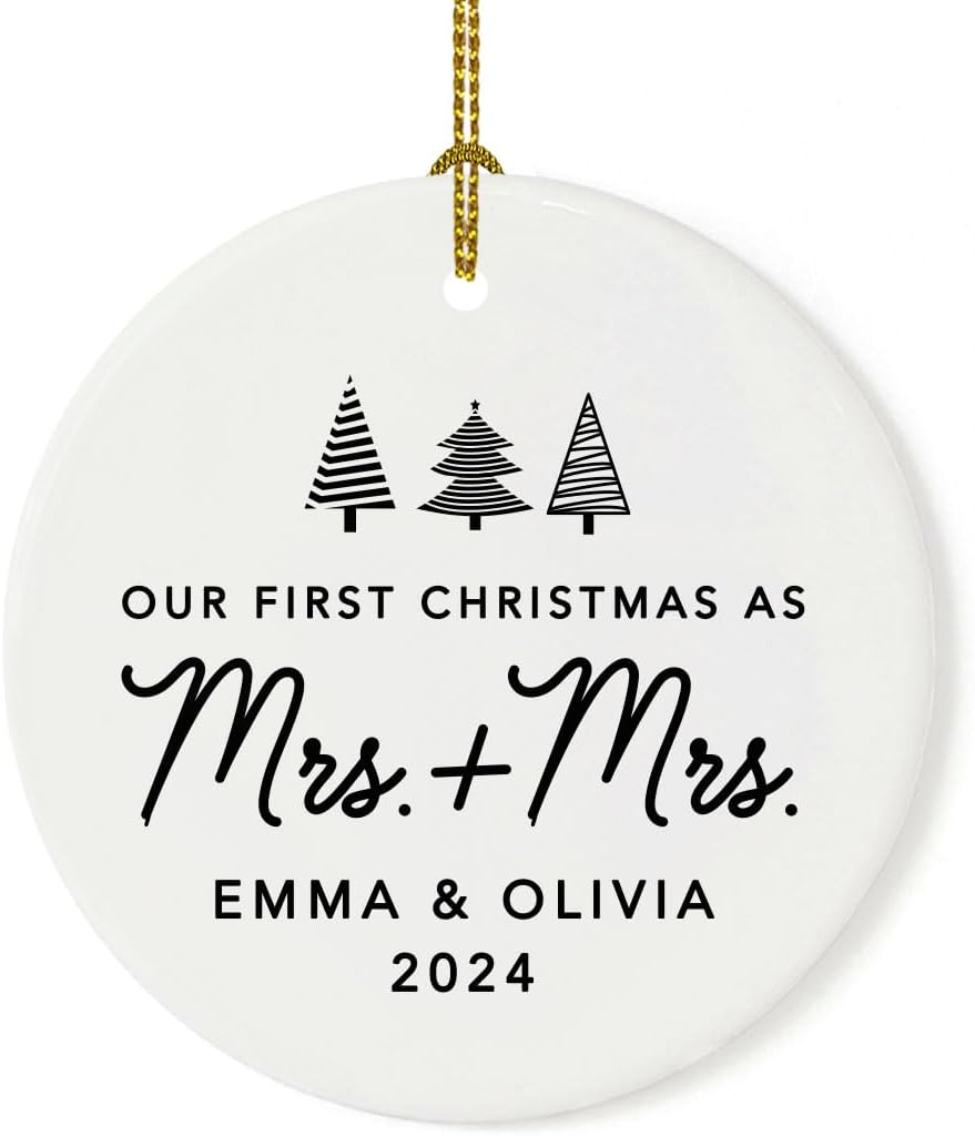 Andaz Press Personalized Our First Christmas As Mrs. & Mrs. 2025 Christmas Ornaments Christmas Trees Design 2.8" Round Porcelain Ceramic Lesbian Married Couple Gay Women Newlyweds Keepsake 1-Pack