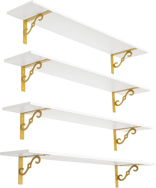 DINZI LVJ Long Wall Shelves, 47.3" Wall Mounted Shelves Set of 4, Wide Floating Shelf with Metal Brackets, for Living Room, Bathroom, Bedroom, Kitchen, Office, White and Gold