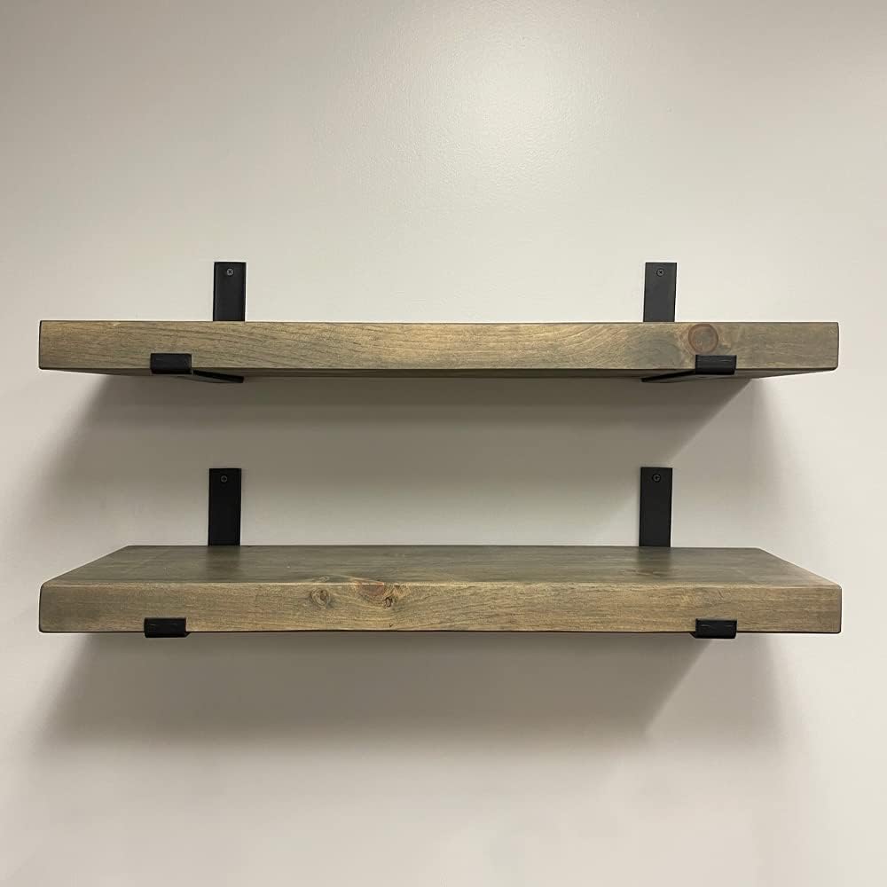 Rustic Shelves with J-Brackets Set of 2, Industrial Shelf, Kitchen Shelves, Solid Wood, Decorative Wall Storage, Heavy Duty, URBANDI (Grey, 24Wx8D)