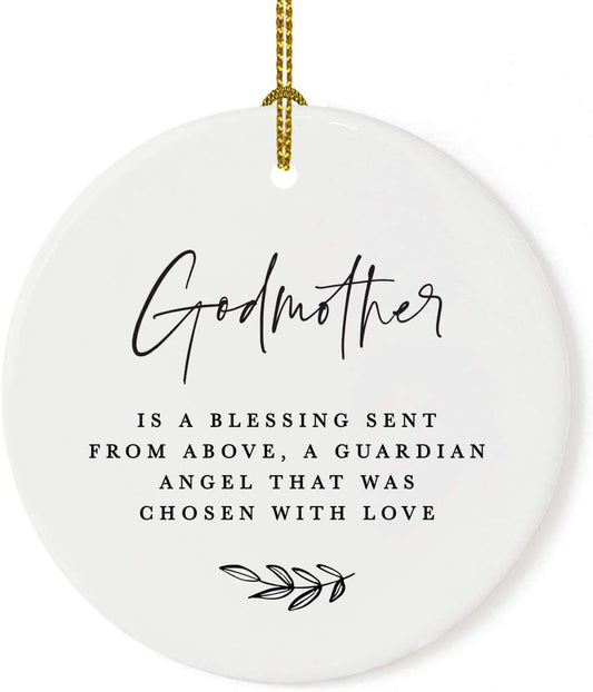 Andaz Press Round Ceramic Porcelain Christmas Ornament Collectible Godmother Gift, A Godmother is a Blessing Sent from Above, a Guardian Angel That was Chosen with Love, 1-Pack