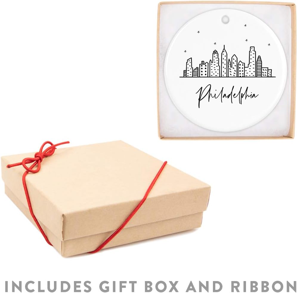 Andaz Press Round Ceramic Porcelain Christmas Tree Ornament Gift, Philadelphia Black and White Stars City Skyline Graphic, 1-Pack, Birthday Ideas for Family Coworker, Philly