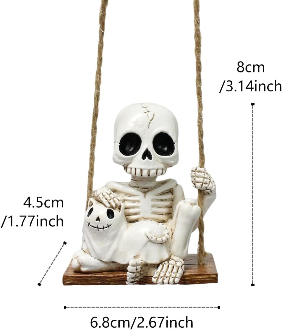 Halloween Resin Skeleton Swing Ornament - Animated Skeleton with Black Cat Figure, Hanging Decor for Tree Wall Garden - Spooky Fun Festival Decor Prop