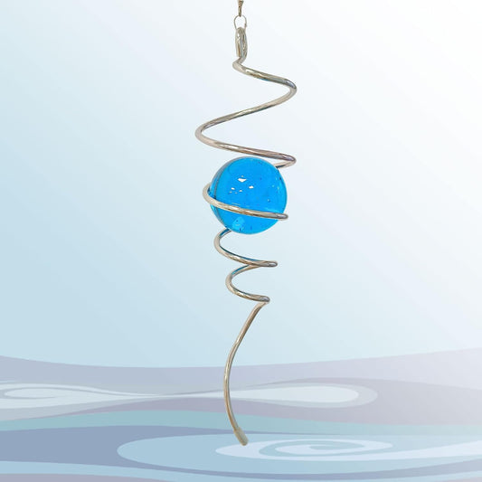 Gazing Ball Spiral Decorative Wind Spinner Tail with Blue Glass Orb,Wind Spinner Spiral Stabilizer,Hanging Visual Illusion in Spinning Yard Art Decor,Indoor Outdoor Garden Decoration-13 in