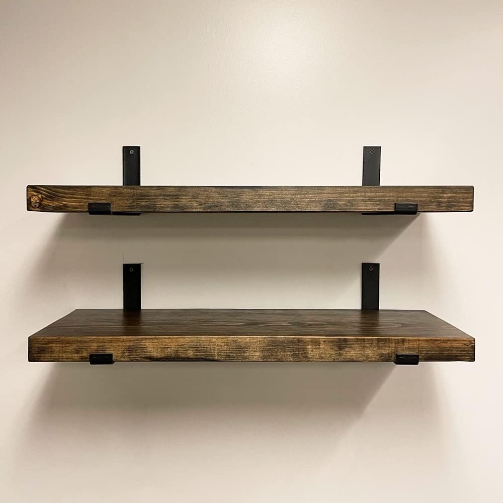 Rustic Shelves with J-Brackets Set of 2, Industrial Shelf, Kitchen Shelves, Solid Wood, Decorative Wall Storage, Heavy Duty, URBANDI (Dark Brown, 24Wx8D)