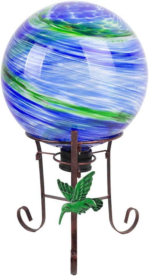 10" Diameter Gazing Ball with 8.5" Hummingbird Metal Stand Outdoor Garden Decor,Glass Globe Sphere Yard Art Decorations Outdoor,Glass Gazing Balls for Garden,Home,Lawn,Patio,Porch(Blue)