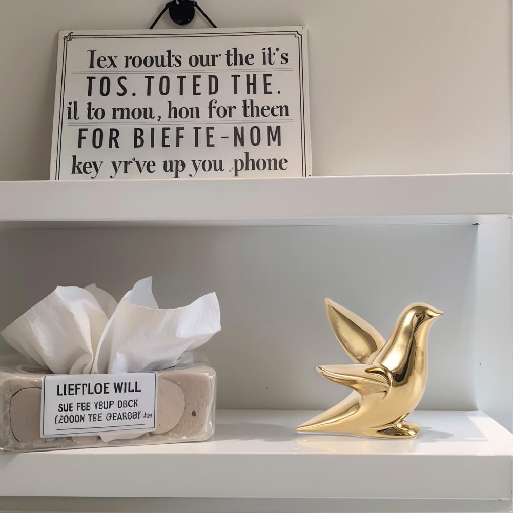 Gold Decor Accents – Modern Gold Ceramic Bird Figurine, 5.1in Decorative Bird Statue for Shelf, Table or Bathroom, Small Animal Sculpture Gift for Bird Lovers, Bird Room Decor