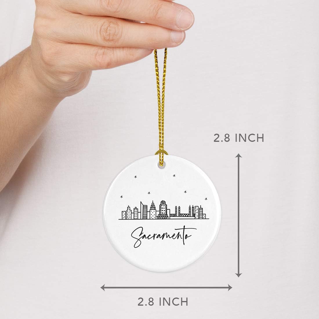 Andaz Press Round Ceramic Porcelain Christmas Tree Ornament Keepsake Gift, Sacramento, Black and White Stars City Skyline Graphic, 1-Pack, Birthday Ideas Family Coworker Him Her, Includes Gift Box