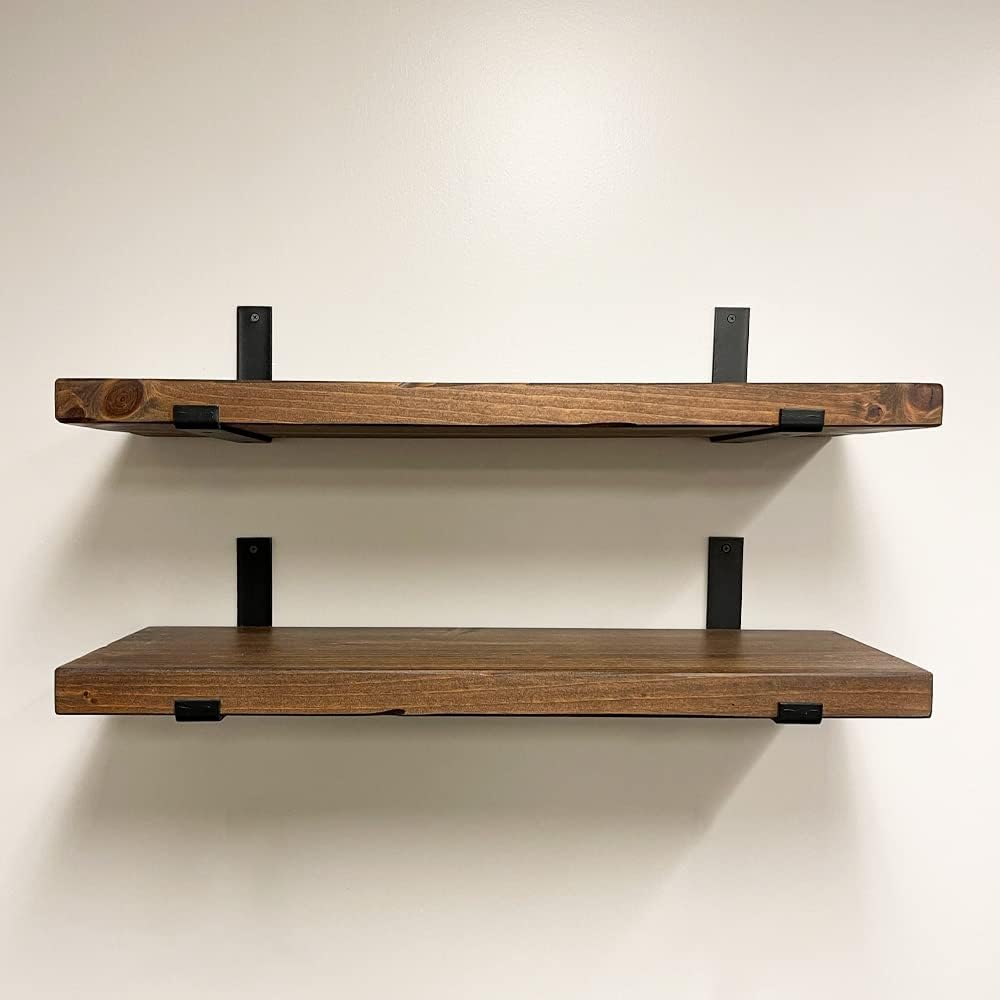 Rustic Shelves with J-Brackets Set of 2, Industrial Shelf, Kitchen Shelves, Solid Wood, Decorative Wall Storage, Heavy Duty, URBANDI (Provincial, 36Wx6D)