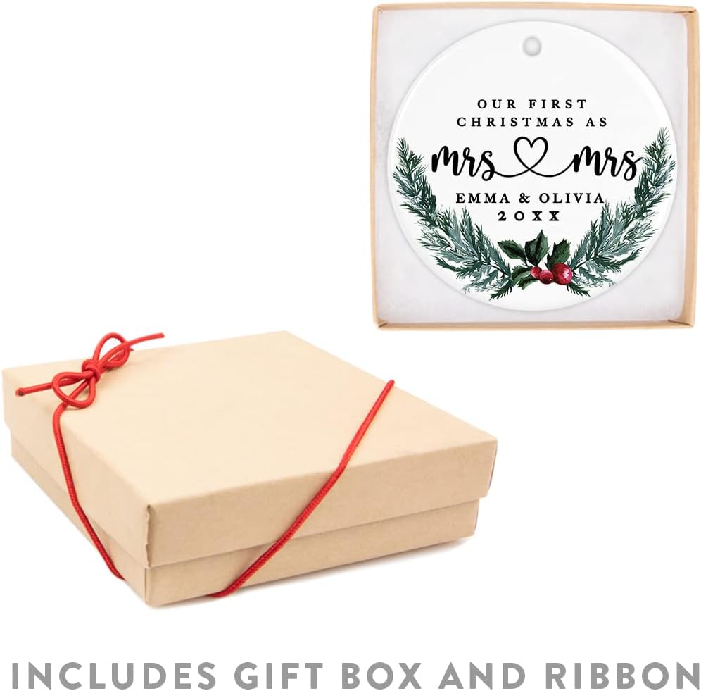 Andaz Press Personalized Our First Christmas As Mrs. & Mrs. 2025 Christmas Ornaments Holly & Pine Wreath 2.8" Round Porcelain Ceramic Lesbian Married Couple Gay Women Newlyweds Wedding Keepsake 1-Pack