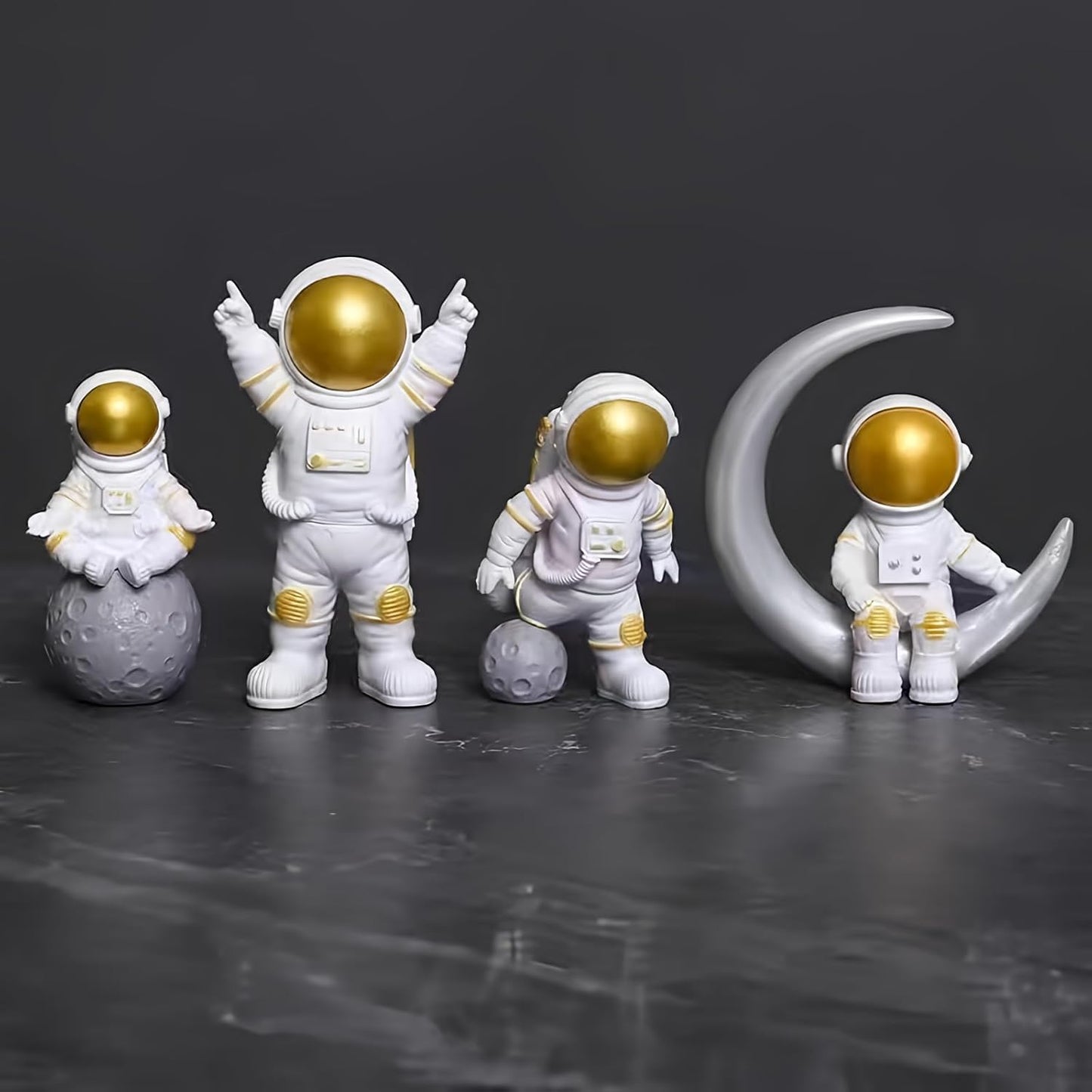 4 Pcs Gold White Astronaut Statues Set, Spaceman Sculpture Figurines Home Ornament Cake Toppers Gift