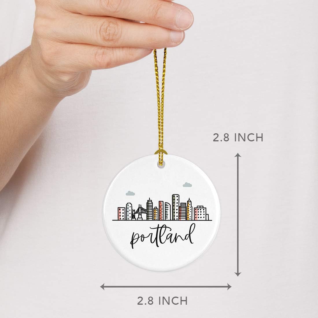 Andaz Press Round Ceramic Porcelain Christmas Tree Ornament Keepsake, Portland Colorful City Skyline Graphic, 1-Pack, Birthday Gift Ideas for Family Coworker, Includes Gift Box