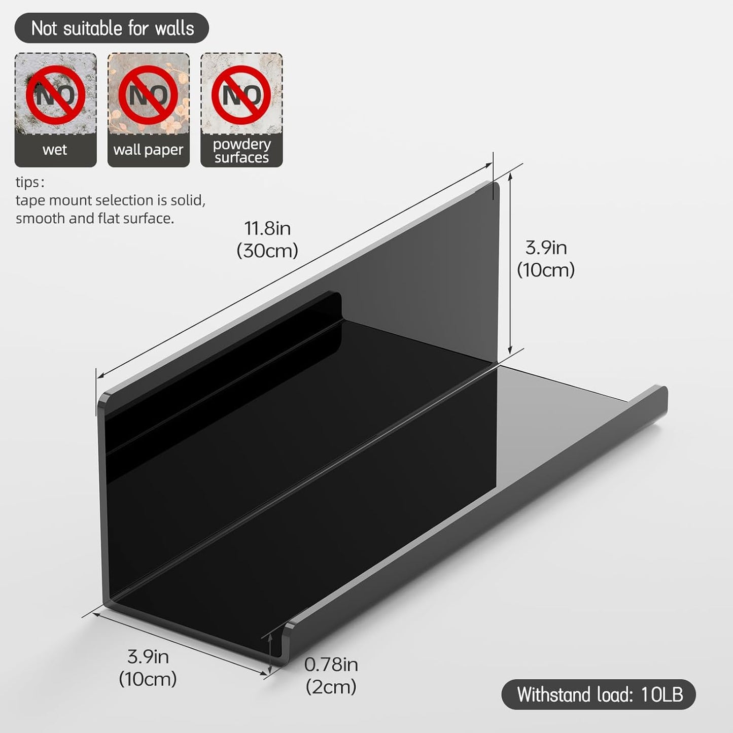 Acrylic Floating Shelves for Wall No Drilling, Self Adhesive Space-Saving Shelves, 12 Inch Floating Shelf Stick on Wall Shelf, for Bathroom, Kitchen, Bedroom, Office, Gaming Room, Black