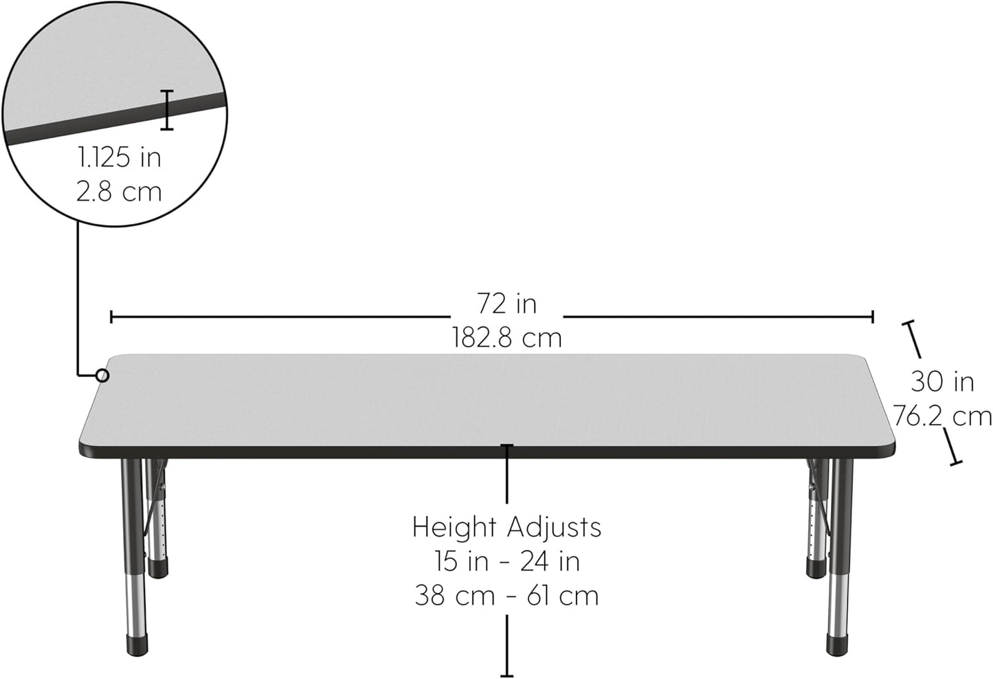 FDP Rectangle Activity School and Classroom Kids Table (30 x 72 inch), Chunky Toddler Leg, Adjustable Height 15-24 inches - Gray Top and Black Edge