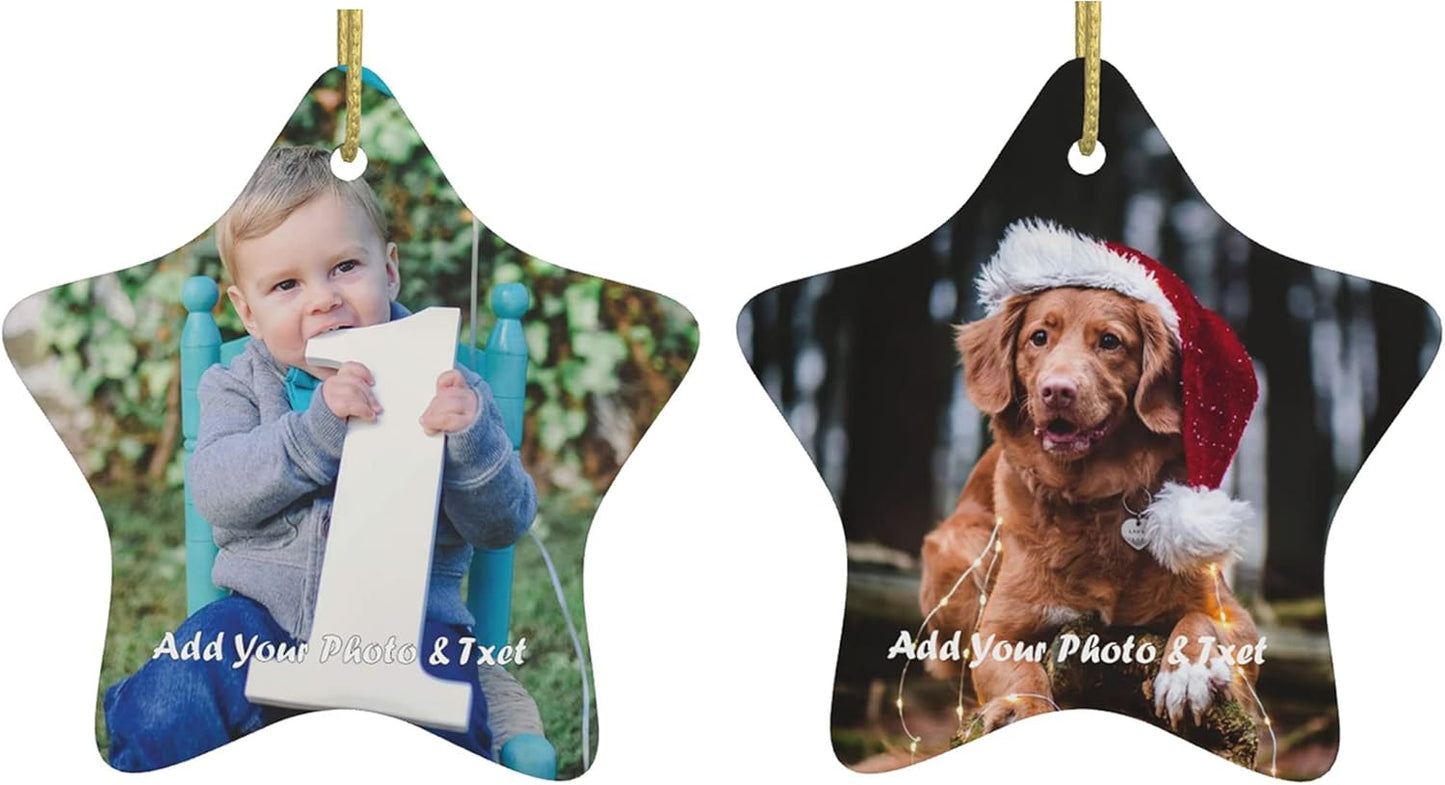 Personalized Ceramic Christmas Tree Photo Ornament - Customized Wedding, Baby, Family, Pet Picture - Unique Xmas Gift (Pentagram - 2pcs)