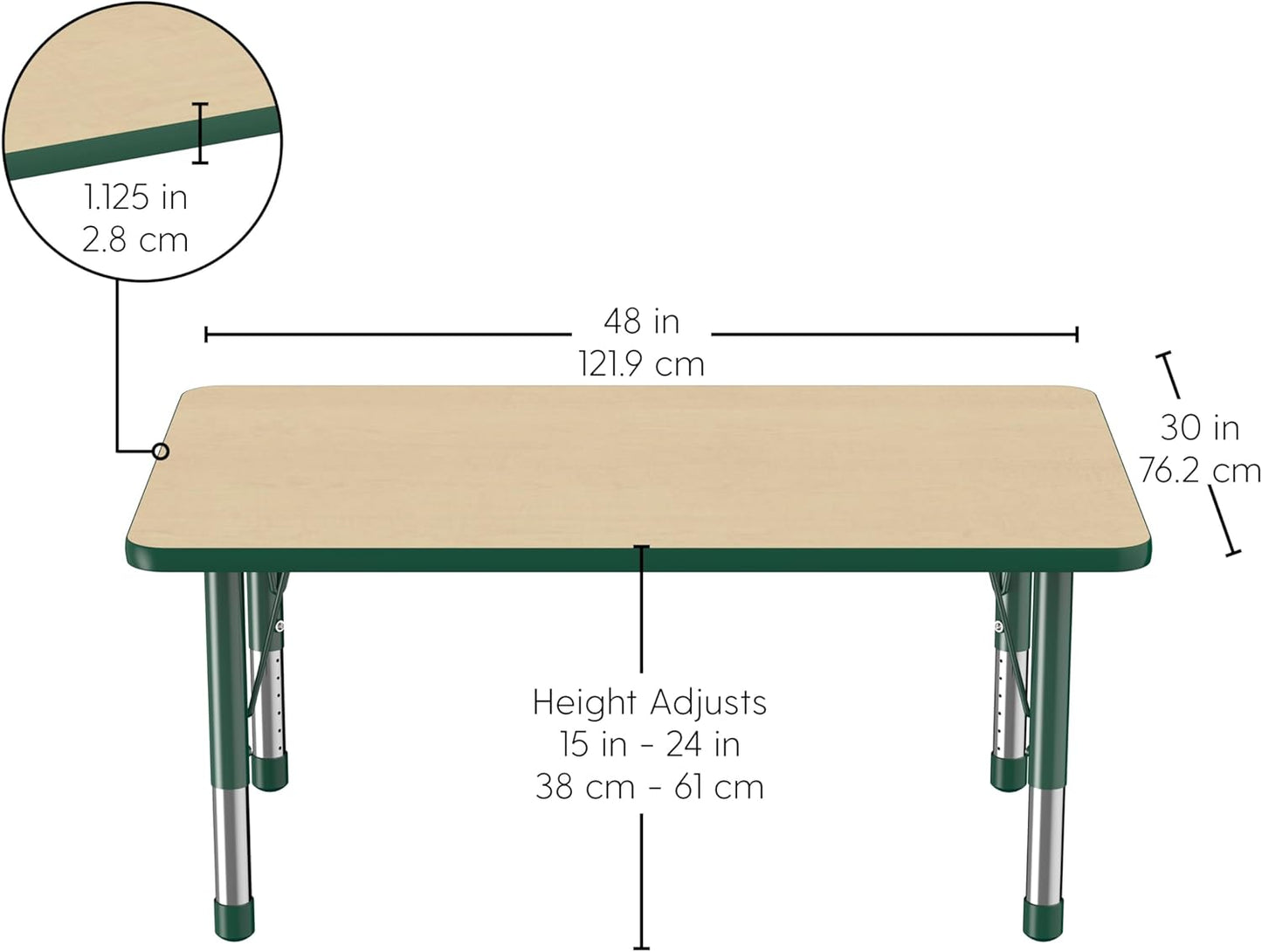 FDP Rectangle Activity School and Classroom Kids Table (30 x 48 inch), Chunky Toddler Legs, Adjustable Height 15-24 inches - Maple Top and Green Edge
