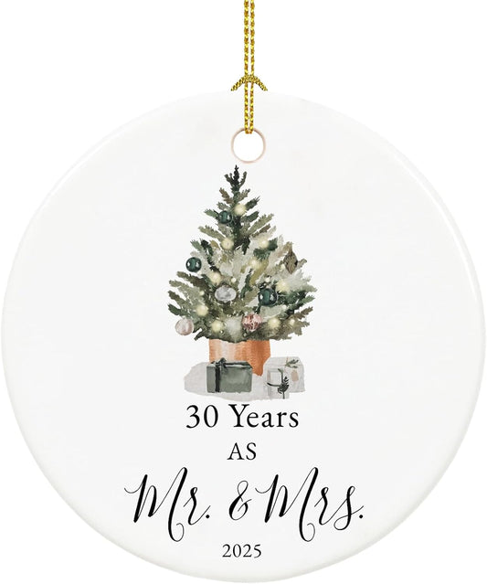 30th Anniversary Ornament Gifts for Couple,Parents, 30th Wedding Anniversary for 30 Year as Mr and Mrs Gifts, Ceramic Keepsake 30 Year Anniversary Christmas Ornaments with Ribbon and Box