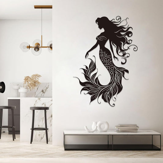 Veplsur Mermaid Metal Wall Art, Metal Mermaid Wall Decor, Marine Biology Wall Decor, Ocean Wall Art, Nautical Wall Hanging, Beach Hanging for Bathroom Bedroom (Black, 35"x25"|90x64cm)