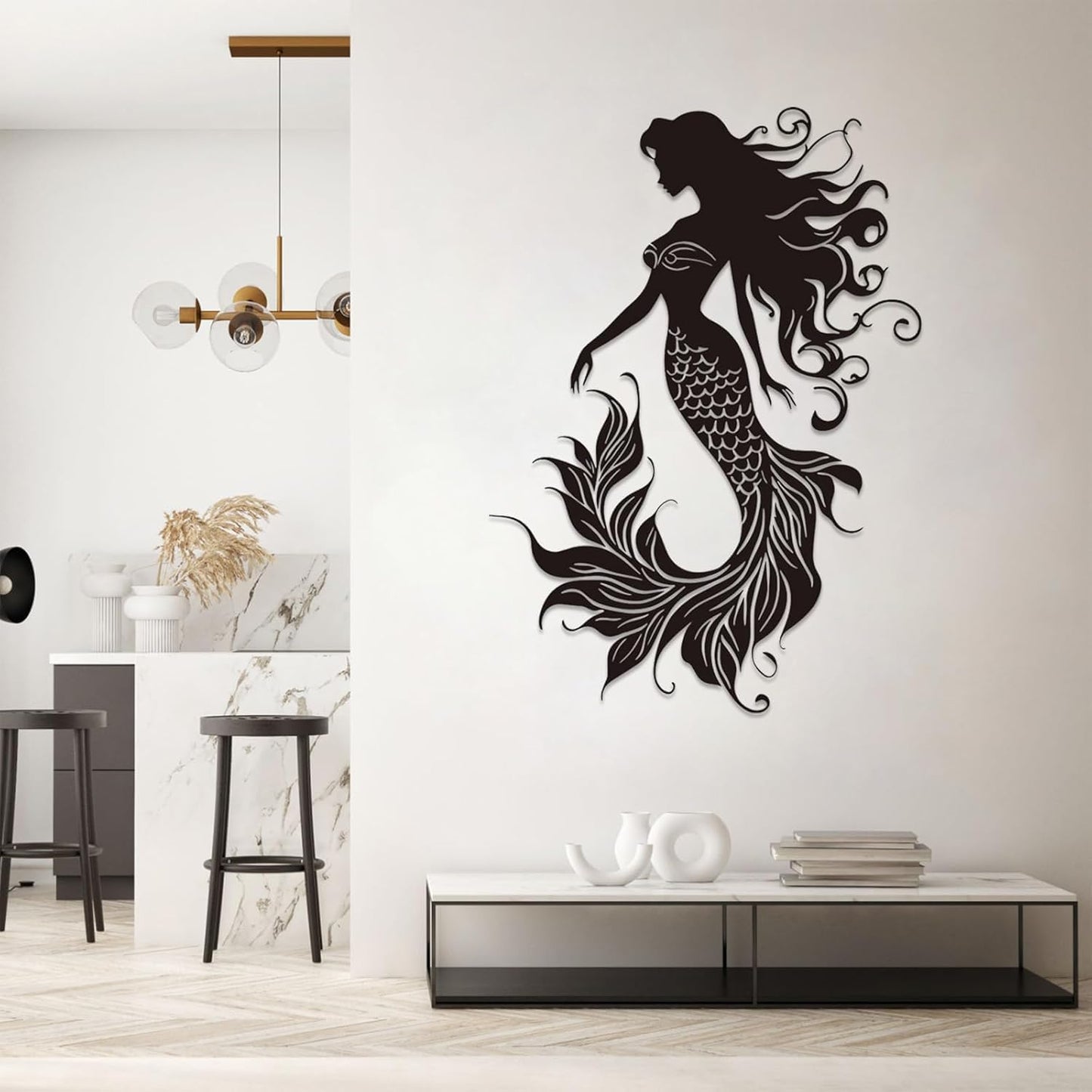 Veplsur Mermaid Metal Wall Art, Metal Mermaid Wall Decor, Marine Biology Wall Decor, Ocean Wall Art, Nautical Wall Hanging, Beach Hanging for Bathroom Bedroom (Gold, 53"x38"|135x96cm)