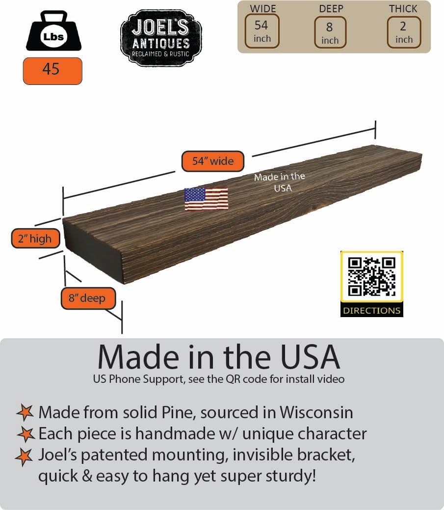 joelsantiques 54 Inch Wooden Floating Shelves for Wall - 54x8x2 in - Made of Natural Wood - Heavy Duty Rustic Wall Shelves for Bedroom - Perfect for Living Room, Kitchen - Medium Brown