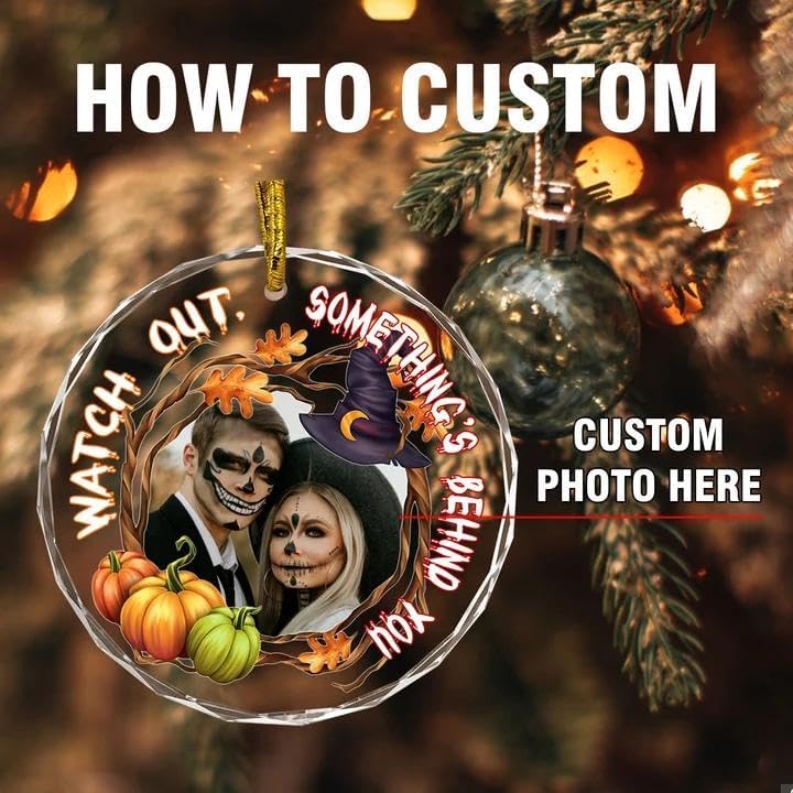 Custom Crystal Ornament, Personalized Halloween Couples/Family Photo Ornament, Halloween Spooky Glass Hanging Decor, Spooky Pendent, Ghost and Pumpkin Hanging Gifts