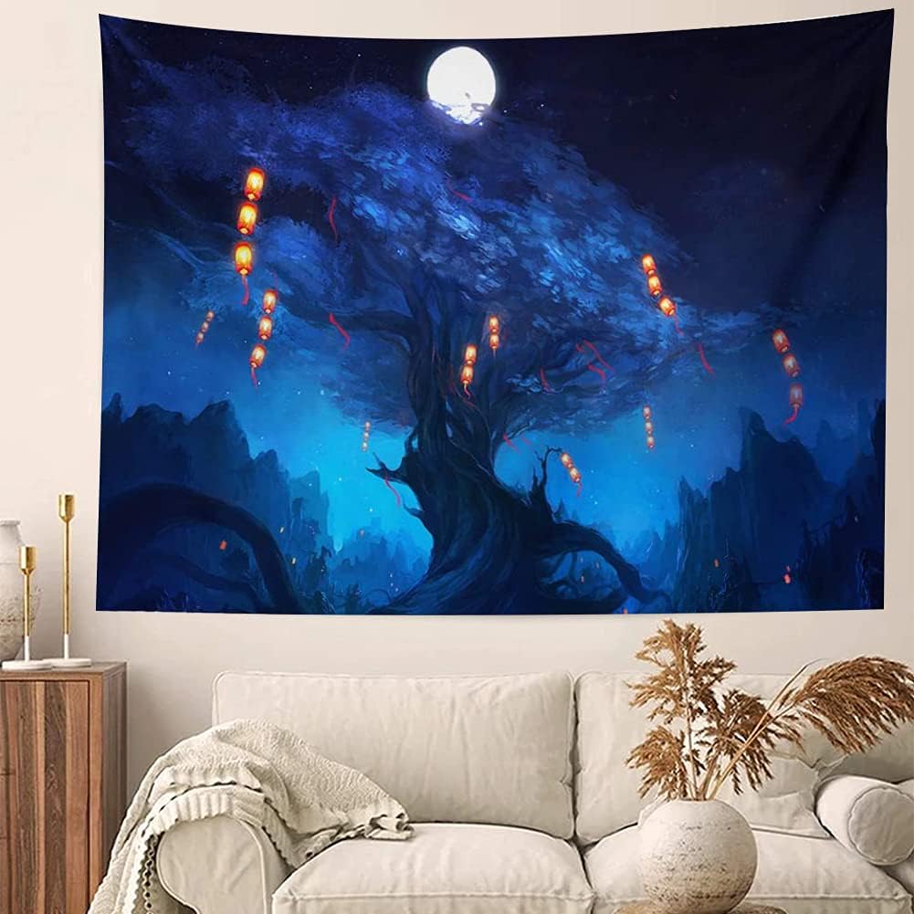 Forest Landscape Tapestry for Living Room & Bedroom - Magic Tapestry (Lanterns Hanging on The Tree, 90.5''L70.8''W)