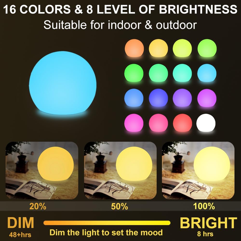 10 In LED Globe Light w/Remote, 16 RGB Colors 4 Modes & 8 Dimmable Brightness LED Ball Light Sphere Lamp, Rechargeable Orb Night Light Waterproof Outdoor Globe Lamp for Home/Yard/Lawn/Party/Pool Decor