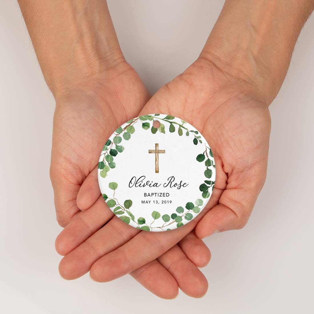 Andaz Press Personalized Baptism Ornament 2025, Round Ceramic Porcelain Baptism Christmas Ornament, Olivia Rose Carter Baptized May 1, 2025, Farmhouse Eucalyptus Wreath, 1-Pack Custom