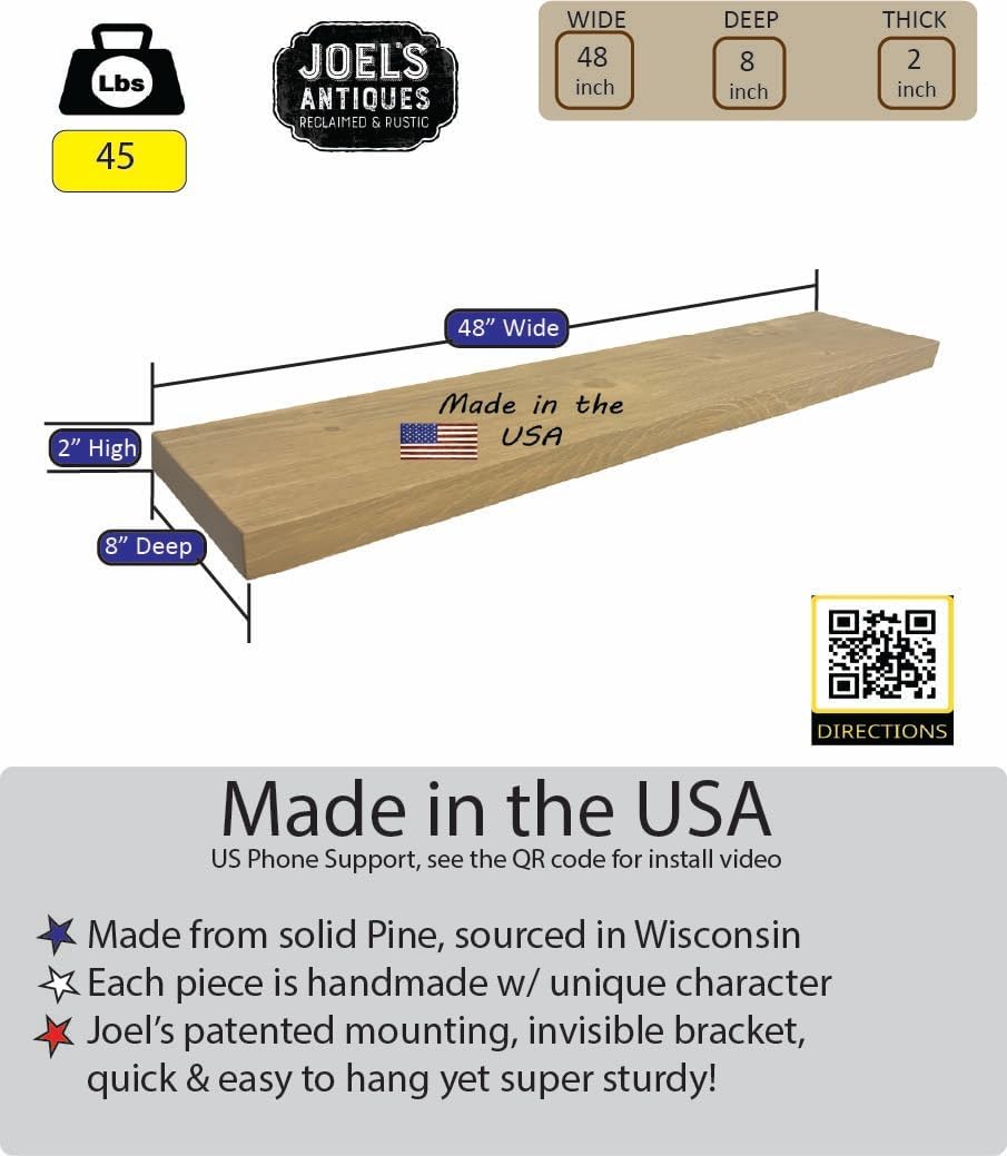 joelsantiques - 48 Inch Wooden Floating Shelves for Wall - 48x8x2 in - Made of Natural Wood - Long Heavy Duty Rustic Wall Shelves for Bedroom - Perfect for Living Room, Kitchen - Natural