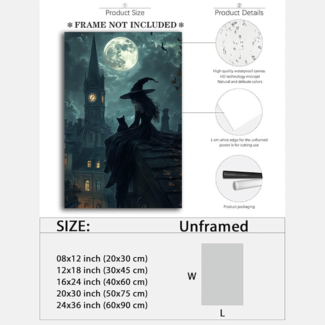 Halloween Witch Black Cat Wall Art,Magical Moon Witch on Roof with Black Cat at Night Scene Painting Haunting Dark Witches Canvas Print for Haunted House Party Decor Poster,16"x24" Unframed