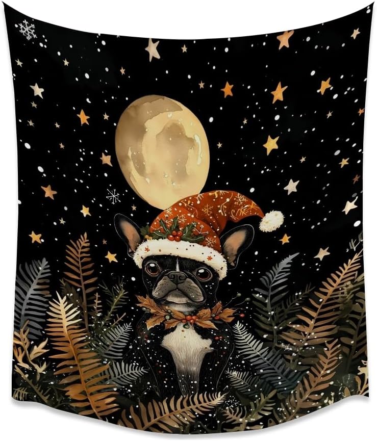 French Bulldog Christmas Tapestry Wall Hanging Cute Dog Santa Hat Moon Pictures Print Pet Lover Gift Funny Christmas Tapestries Aesthetic for Winter Home Nursery Kids Bedroom Decor 30x40inch
