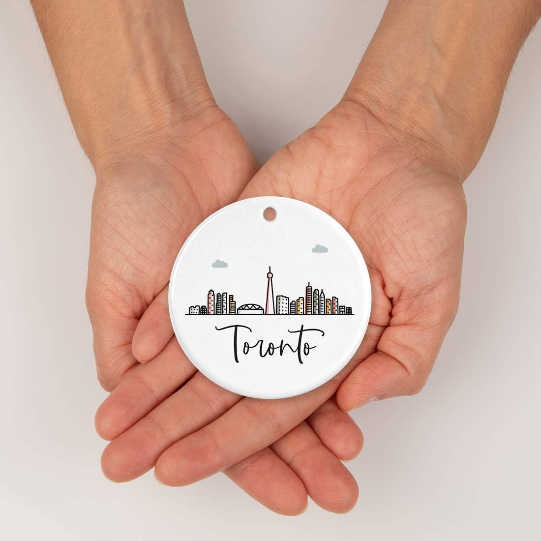 Andaz Press Round Ceramic Porcelain Christmas Tree Ornament Keepsake Gift, Toronto, Colorful International City Skyline Graphic, 1-Pack, Birthday Ideas Family Coworker Him Her, Gift Box