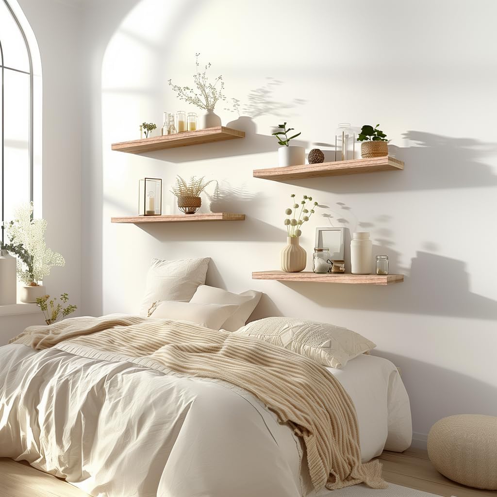 Light Wood Floating Shelves for Wall Rustic Wall Shelves for Bedroom Set of 6