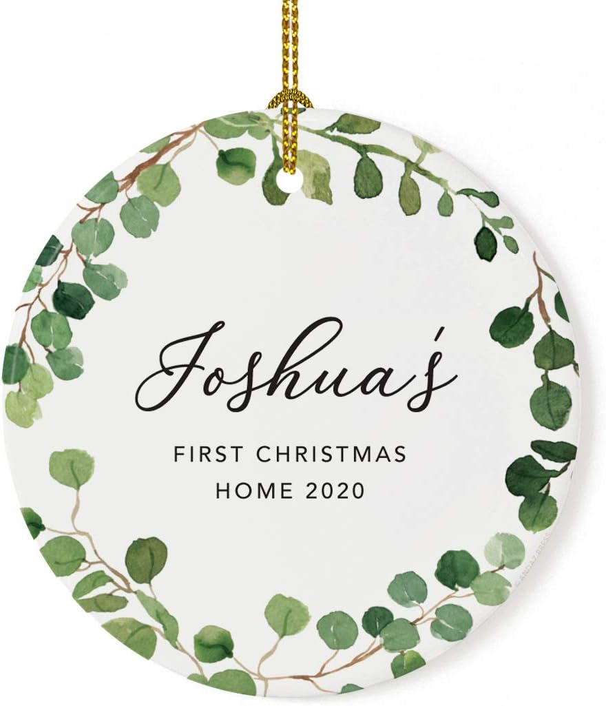 Andaz Press Personalized Round Ceramic Porcelain Christmas Tree Ornament Keepsake Collectible Adoption New Baby Gift, Joshua's First Christmas Home 2025, Farmhouse Eucalyptus Wreath, 1-Packs
