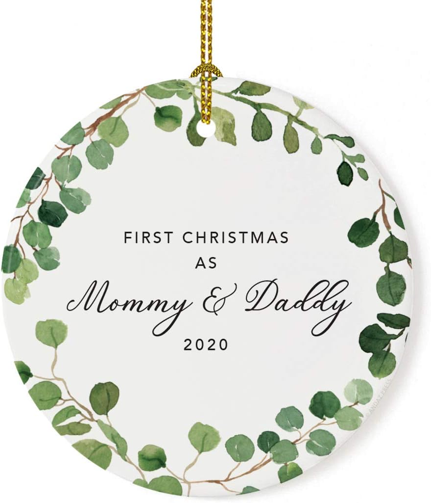Andaz Press Custom Year Round Ceramic Porcelain Christmas Tree Ornament Keepsake Collectible Gift, First Christmas as Mommy & Daddy 2025, Farmhouse Eucalyptus Wreath, 1-PackNew